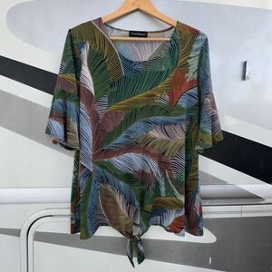 Travel Elements Bold Fern Stretch‎ Top Size L 3/4 Bell Sleeves Tie Front Blouse